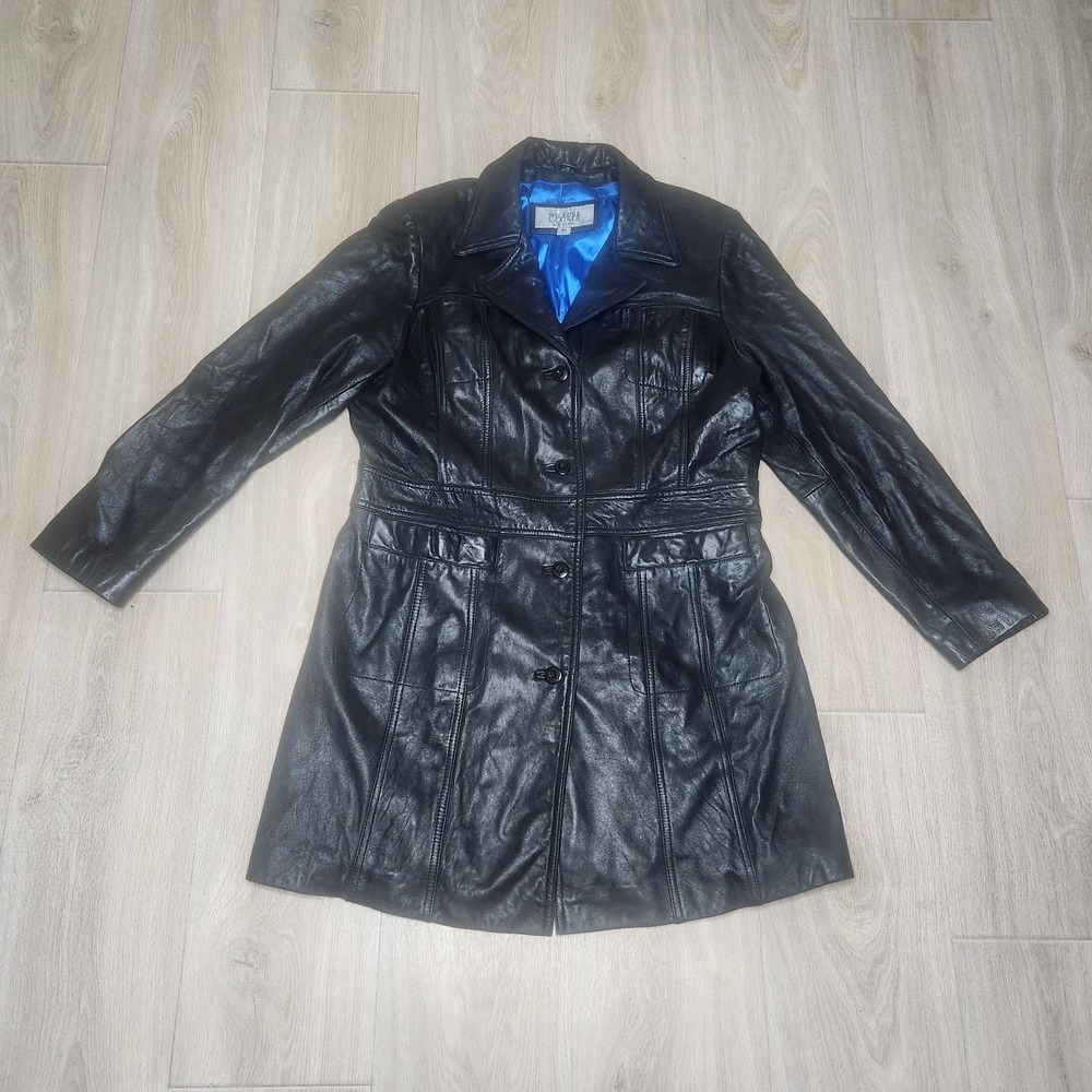 Vintage Wilsons Leather Maxima Trench Coat Women's XL Black Blue Lining Y2K 90s